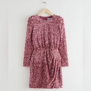& Other Stories Pink Sequin Mini Cocktail Dress Long Sleeve